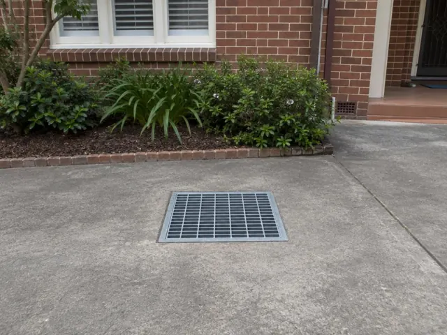 Outdoor concrete driveway with a square drain grate beside brick house and garden in Mascot