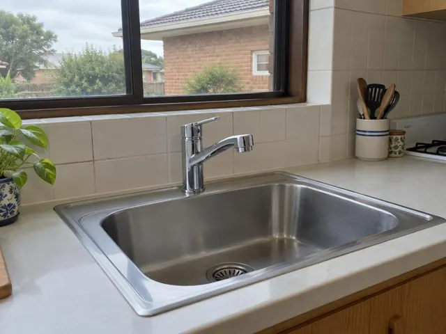 Chrome kitchen sink tap above a stainless sink and tiled benchtop in a home kitchen in Eastlakes